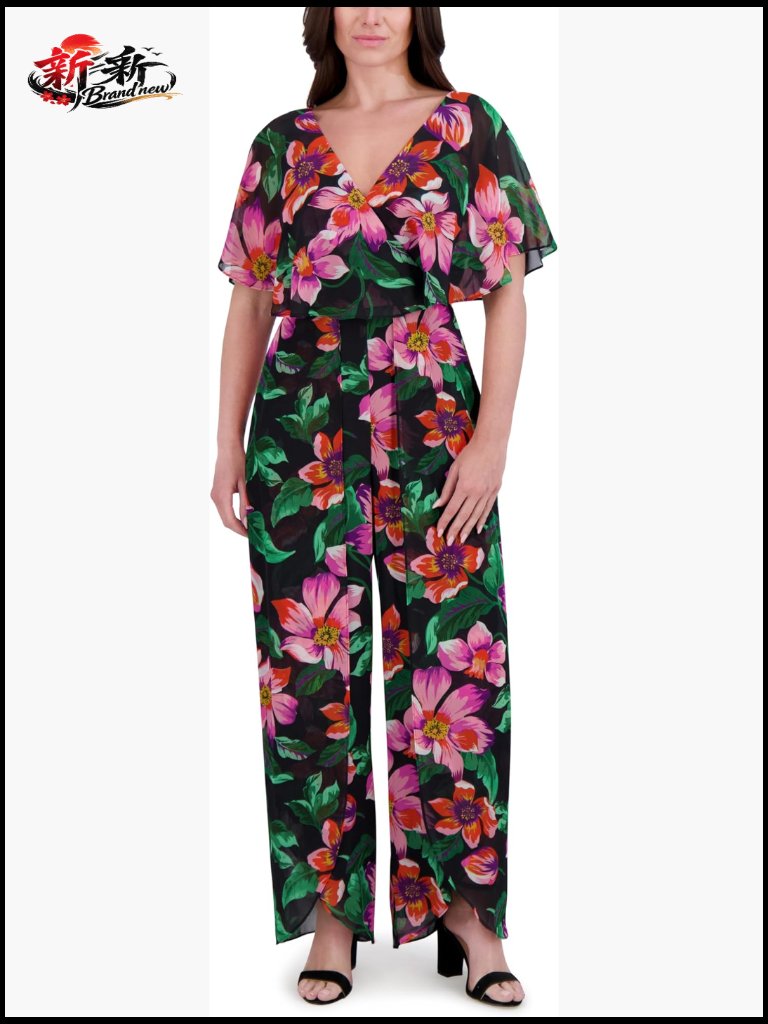 Short Sleeve Ankle Length V-Neck Floral Jumpsuit